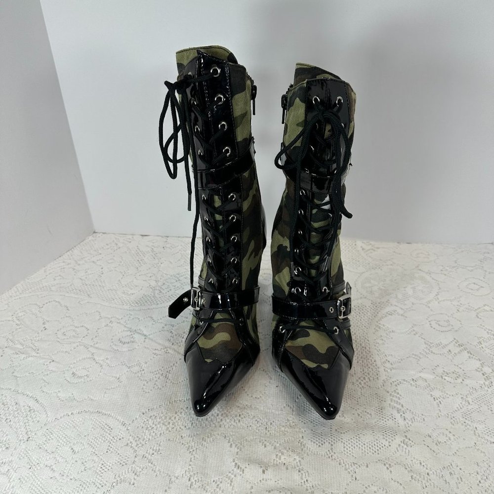 FUNTASMA Black and Army Camo, Black Patent Leather boots, inside zipper 7.5M